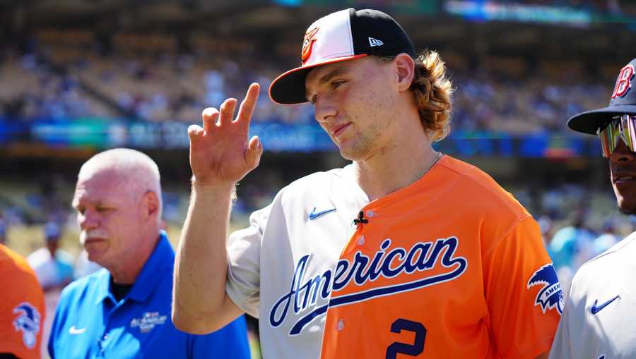 LOS ANGELES, CA - JULY 16: Gunnar Henderson #2 of the Baltimore Orioles during player introductions prior to the 2022 SiriusXM All-Star Futures Game at Dodger Stadium on Saturday, July 16, 2022 in Los Angeles, California. (Photo by Daniel Shirey/MLB Photos via Getty Images)