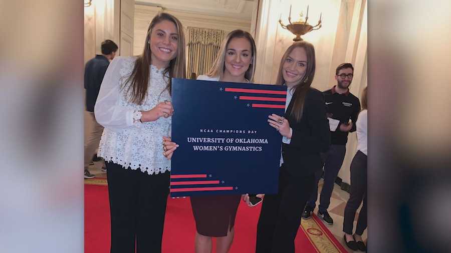 The University of Oklahoma women’s gymnastics team celebrated at the White House today and got to meet President Donald Trump.