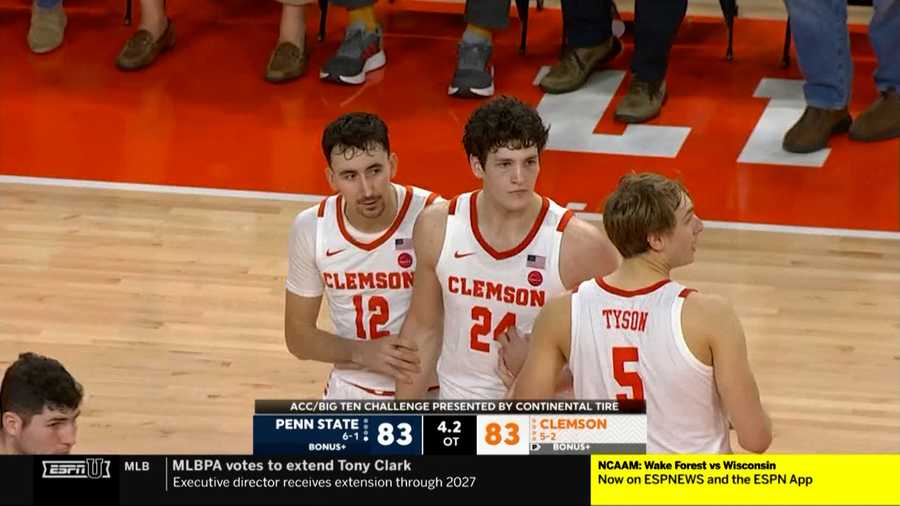 Clemson's PJ Hall (24) scored 22 points, including a game-tying bucket in OT to help the Tigers past Penn State in double OT.