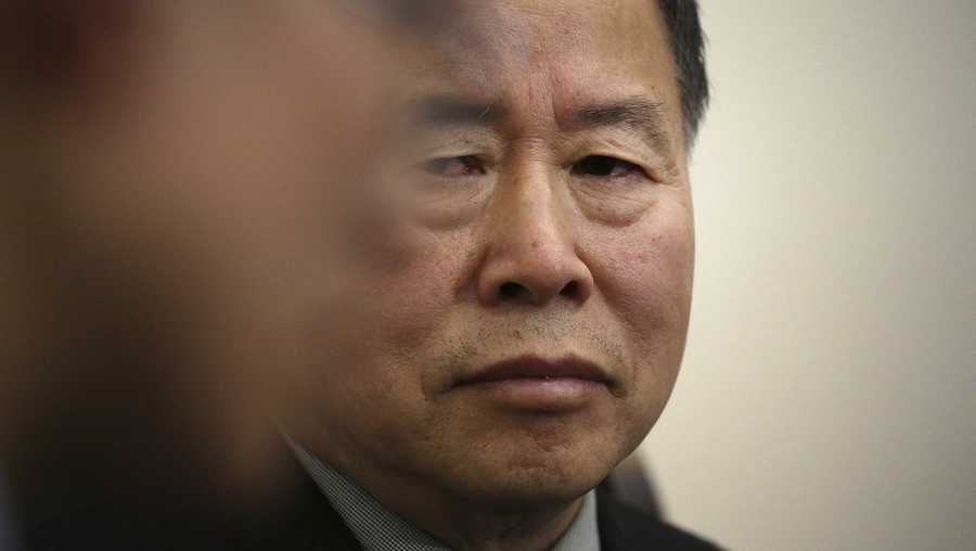 Han Song Ryol, North Korea's vice foreign minister, listens to a translator during an interview with The Associated Press on Friday, April 14, 2017, in Pyongyang, North Korea. Han Song Ryol said the situation on the Korean Peninsula is now in a "vicious cycle."