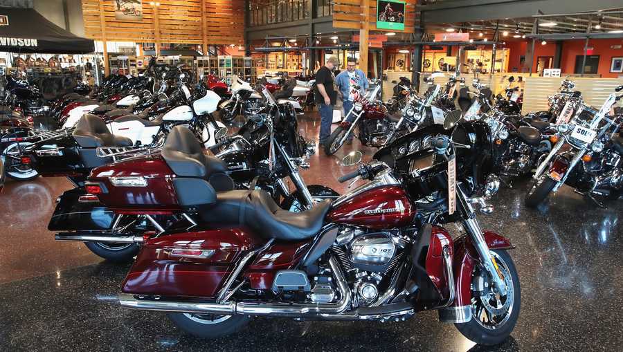Harley-Davidson motorcycles are offered for sale at the Uke's Harley-Davidson dealership on June 1, 2018 in Kenosha, Wisconsin.