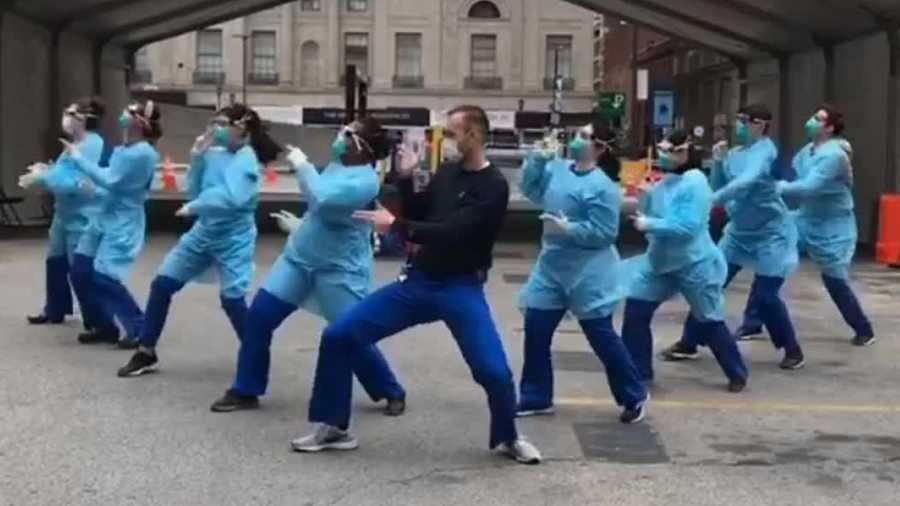 A team of nurses from Thomas Jefferson University Hospital in Philadelphia take on Ciara's "Level Up" dance to get motivated and lift their spirits.