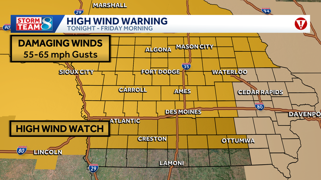 high wind warning and watch over most of the state. this is the step above wind advisory which is over eastern iowa. potentially damaging winds are expected tonight into friday morning.