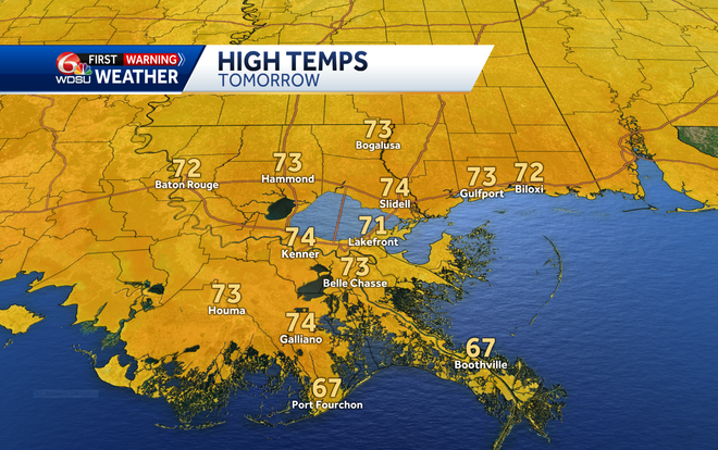 New Orleans Light Showers to Sunrise Friday, Low to Mid 70s to Sunday