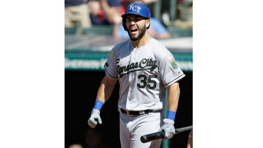 Kansas City Royals' Eric Hosmer yells at third base umpire David Rackley after Hosmer struck out in the first inning of a baseball game against the Cleveland Indians, Saturday, May 27, 2017, in Cleveland. Hosmer was ejected. (AP Photo/Tony Dejak)
