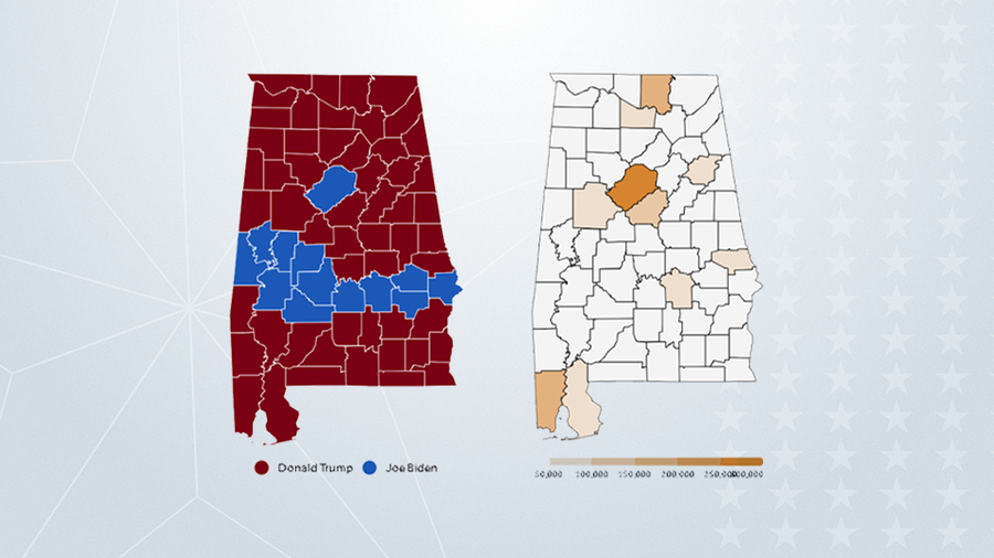 Map shows how Alabama counties voted in the 2020 presidential election.