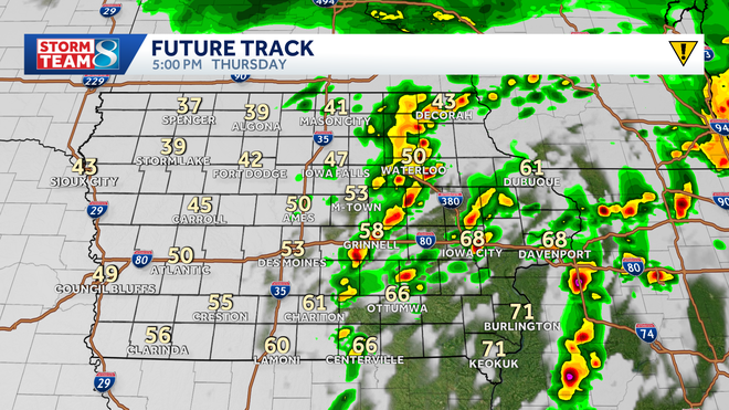 thursday 5pm forecast, storms pushing into eastern iowa with a risk for severe weather.
