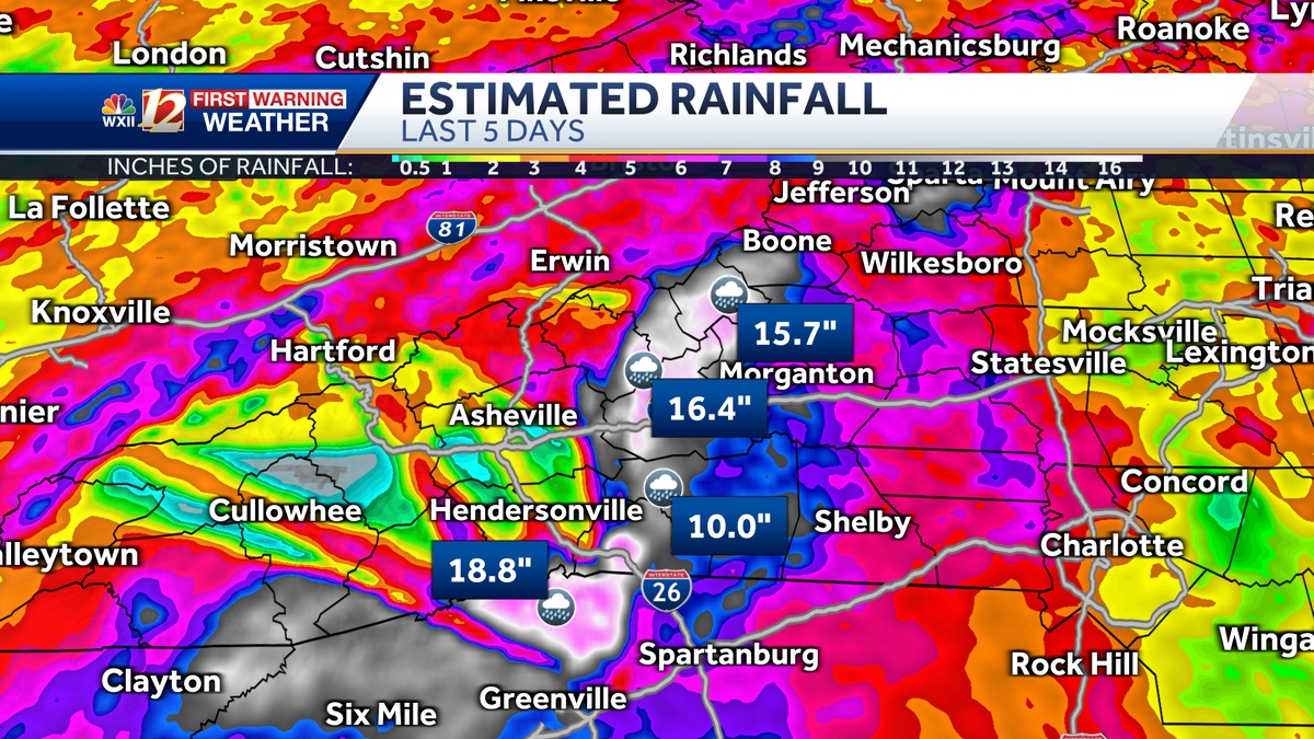 Historic Flooding: Preliminary rainfall totals in western North Carolina