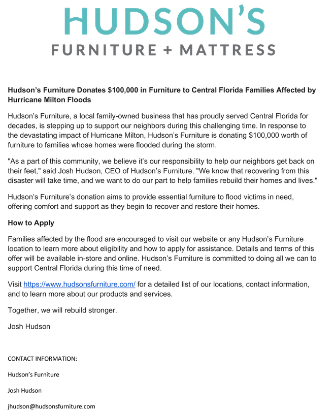 Hudson's Furniture + Mattress is donating 100K worth of furniture.