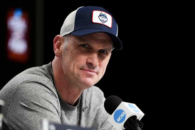 UConn head coach Dan Hurley speaks during a news conference ahead of a national championship NCAA college basketball tournament game against Michigan at the Final Four, Sunday, April 5, 2026, in Indianapolis.