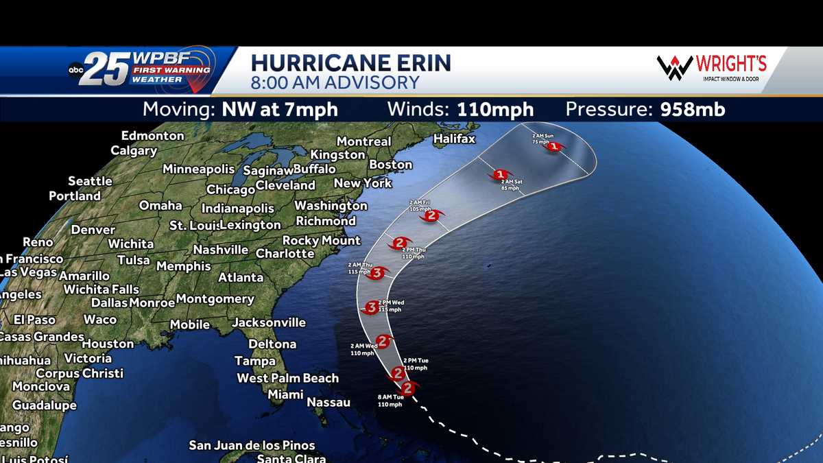 Hurricane Erin weakens to a Category 2 storm