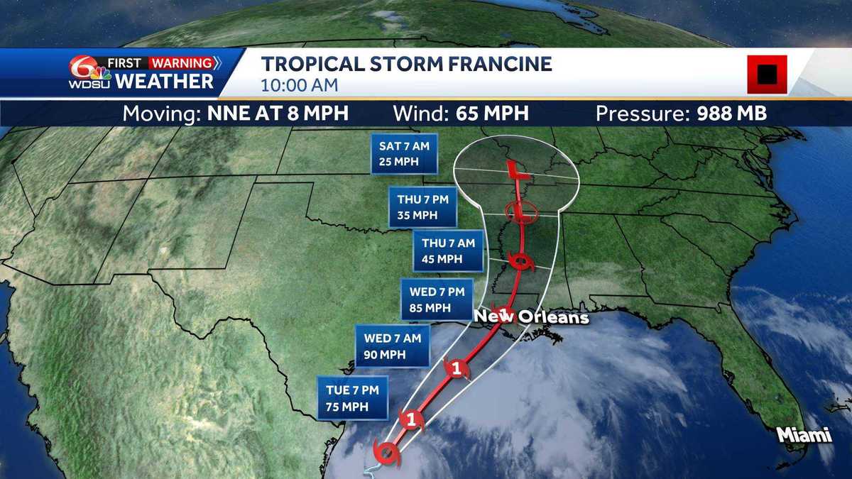 The path of tropical storm Francine shows Louisiana's landfall