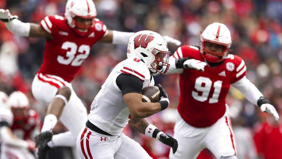 Wisconsin&apos;s Braelon Allen, center, carries the ball against Nebraska during the first half of an NCAA college football game Saturday, Nov. 19, 2022, in Lincoln, Neb. (AP Photo/Rebecca S. Gratz)