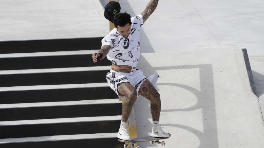 Second placed Nyjah Huston of the United States competes in the Street Skateboarding World Championships final, a qualifying event for Tokyo Olympic Games, in Rome, Sunday, June 6, 2021. (AP Photo/Alessandra Tarantino)