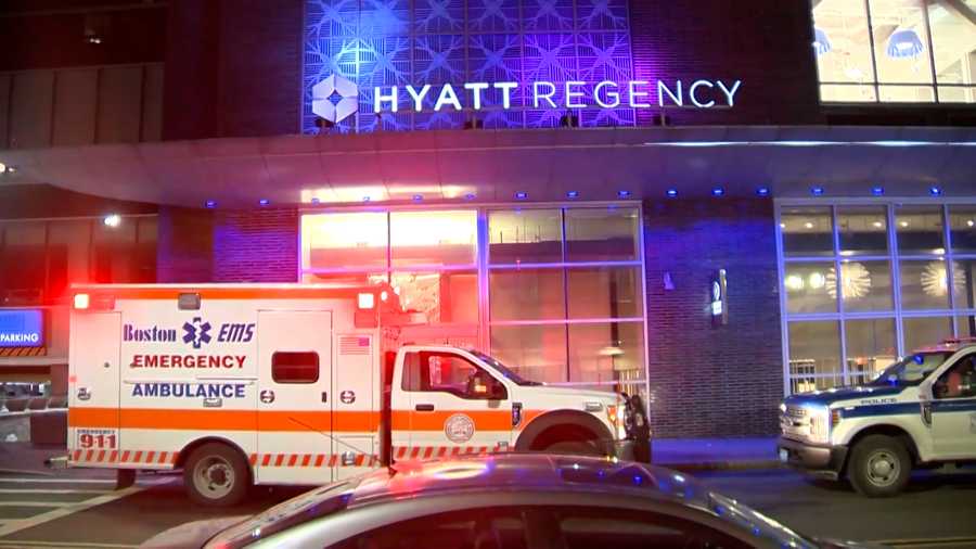 A Boston EMS ambulance outside the Hyatt Regency Hotel in Boston on Feb. 4, 2021, when a teenage girl was killed in an accidental shooting.