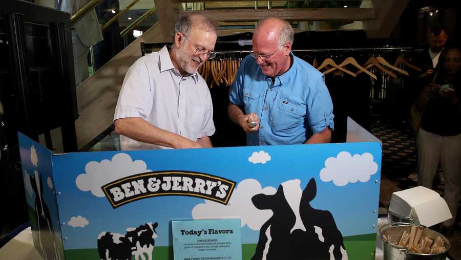 WASHINGTON, DC - SEPTEMBER 03: Ben & Jerry&apos;s co-founders Ben Cohen (R) and Jerry Greenfield (L) serve ice cream following a press conference announcing a new flavor, Justice Remix&apos;d, September 03, 2019 in Washington, DC. Ben & Jerry&apos;s launched the new flavor in conjunction with the civil rights organization, Advancement Project, to "spotlight structural racism in a broken criminal legal system". (Photo by Win McNamee/Getty Images)