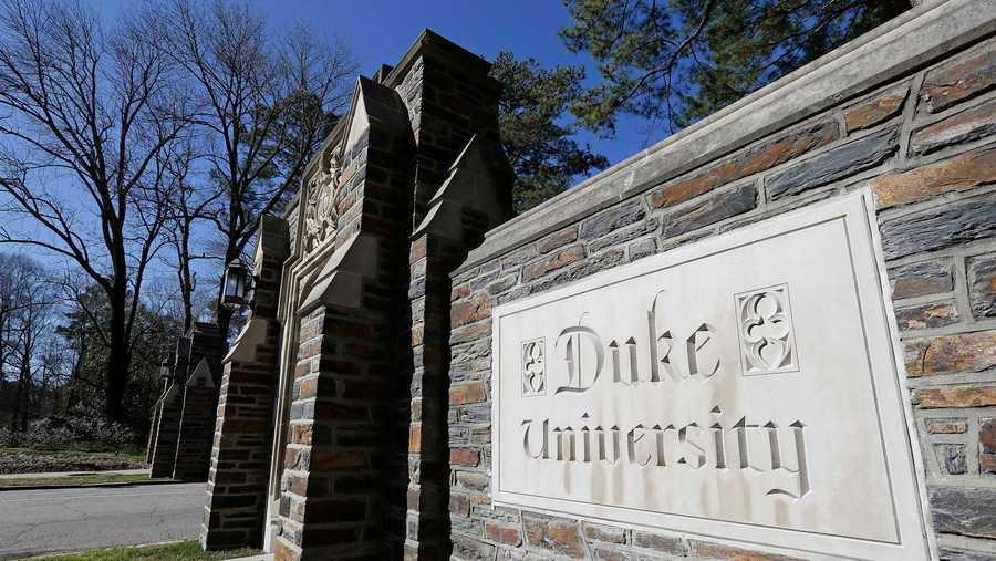 FILE - This Jan. 28, 2019 file photo shows the entrance to the main Duke University campus in Durham, N.C.