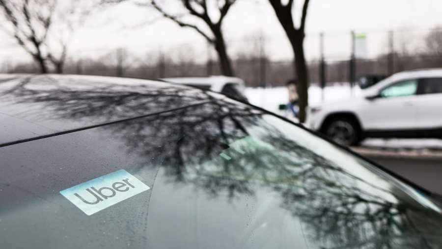 NEW YORK, NEW YORK - FEBRUARY 09: A Uber sticker is seen on a parked car in the Flatbush neighborhood of Brooklyn on February 09, 2021 in New York City. (Photo by Michael M. Santiago/Getty Images)