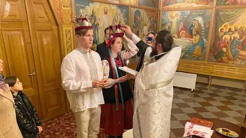 Yarina, 21 and Sviatoslav, 24 wedding ceremony at the St. Michael's Golden-Domed Monastery, in Kyiv.