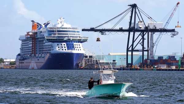 The Celebrity Edge is set to sail on Saturday from Fort Lauderdale. It will be the first cruise ship to leave a U.S. port with ticketed passengers since the onset of the pandemic, which halted sailing. (AP Photo/Lynne Sladky)