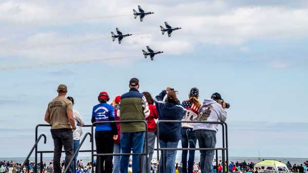 Wantagh, N.Y.: Spectators watch the U.S. Air Force Thunderbirds take to the sky during the Bethpage Air Show at Jones Beach in Wantagh, New York, on May 31, 2021.