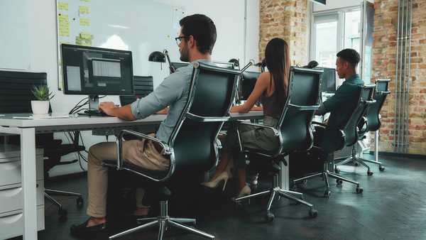 Office routine. Back view of young employees working on computers while sitting at desk in modern open space. Job concept. Workplace