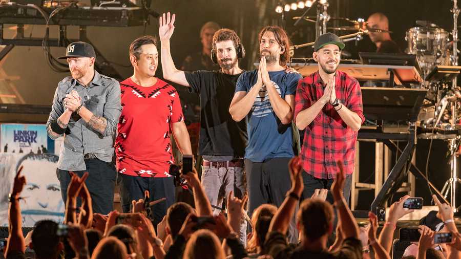 Musicians from Linkin Park;  Dave Farrell, Joe Hahn, Brad Delsen, Rob Bourdon and Mike Shinoda perform during the "Linkin Park And Friends Celebrate Life In Honor Of Chester Bennington" event at the Hollywood Bowl on Oct. 27, 2017 in Hollywood, California.