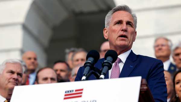 WASHINGTON, DC - APRIL 17:  U.S. House Speaker Kevin McCarthy (D-CA) speaks at an event celebrating 100 days of House Republican rule at the Capitol Building April 17, 2023 in Washington, DC. Republican leadership spoke on legislative items accomplished, including requirements for in-person work for Congressional staff following the end of Covid-19 restrictions.