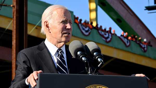 US President Joe Biden delivers remarks on how the Bipartisan Infrastructure Law will provide funding to replace the 150 year old Baltimore and Potomac Tunnel, at the Baltimore and Potomac Tunnel North Portal in Baltimore, Maryland, on January 30, 2023.