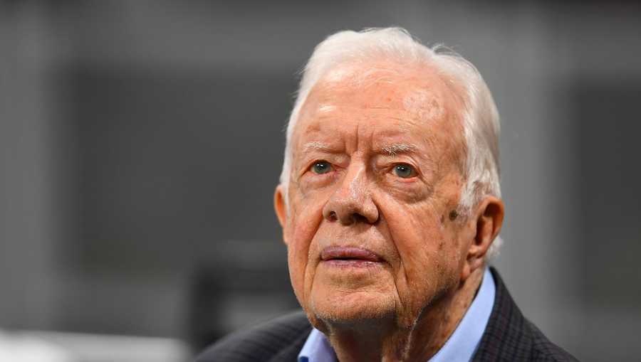 Former President Jimmy Carter prior to the game between the Atlanta Falcons and the Cincinnati Bengals at Mercedes-Benz Stadium on Sept. 30, 2018 in Atlanta, Georgia.