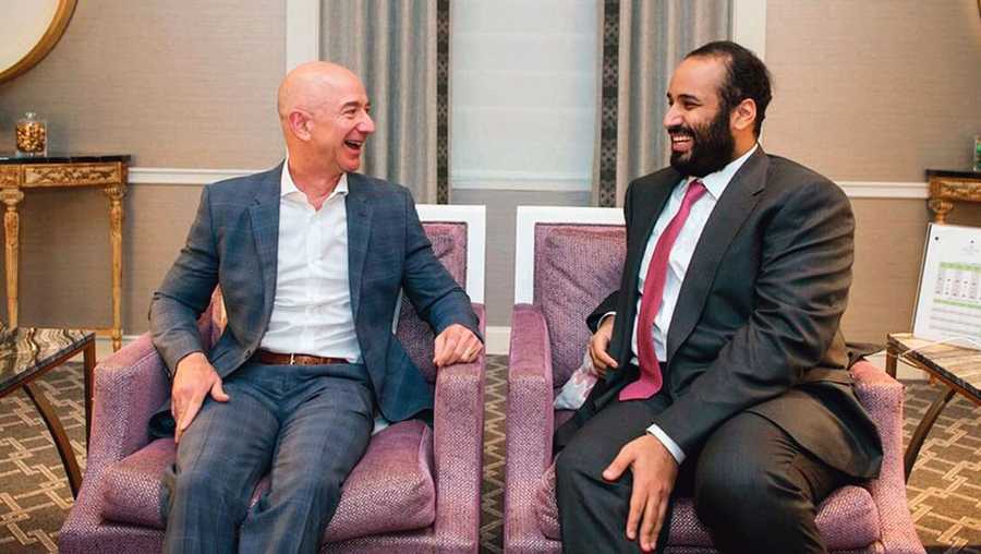 Amazon CEO Jeff Bezos shown with Saudi Crown Prince Mohammed bin Salman.