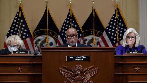 House Homeland Security Committee Chairman Bennie Thompson speaks as Rep. Liz Cheney [R-WY] right, and Rep. Zoe Lofgren (D-CA) listen before U.S. congressional committee investigating the Jan. 6 attack at the Capitol, at the Cannon Office Building on October 19, 2021, in Washington, D.C. (Photo by OLIVIER DOULIERY/AFP via Getty Images)