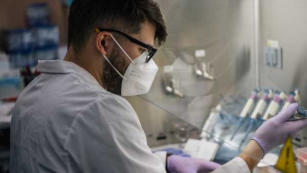 HOUSTON, TEXAS - AUGUST 13: Laboratory Technician David Salazar analyzes COVID-19 samples, during the polymerase chain reaction (PCR) preparation process, at the Genview Diagnosis lab on August 13, 2021 in Houston, Texas. (Photo by Brandon Bell/Getty Images)