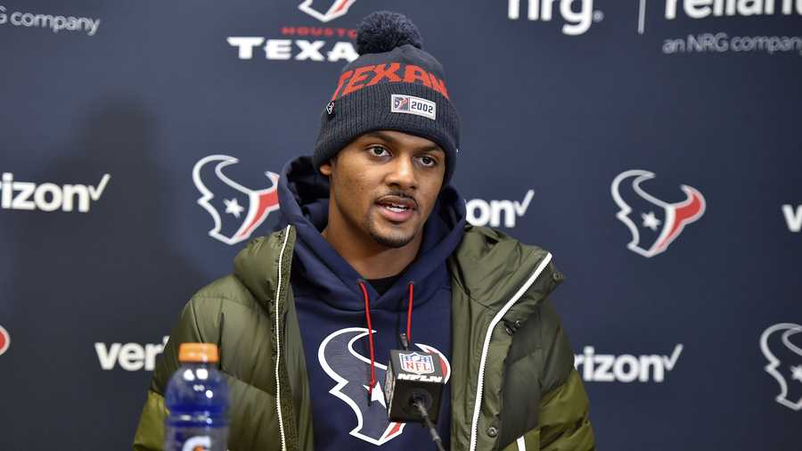 FILE - Houston Texans quarterback Deshaun Watson speaks during a news conference following an NFL divisional playoff football game against the Kansas City Chiefs in Kansas City, Mo., on Sunday, Jan. 12, 2020. (AP Photo/Ed Zurga, File)