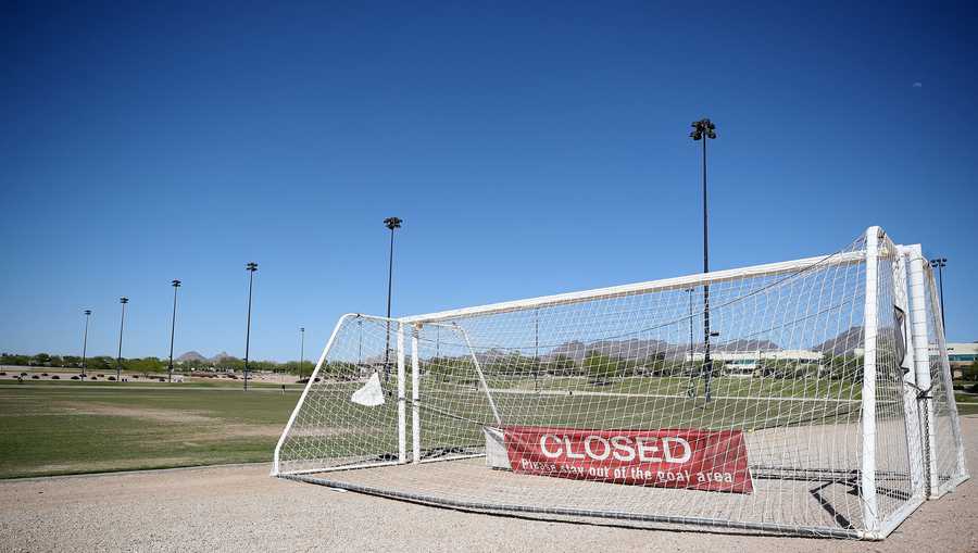 Soccer goals are closed off for public use at the Scottsdale Sports Complex on April 02, 2020 in Scottsdale, Arizona.