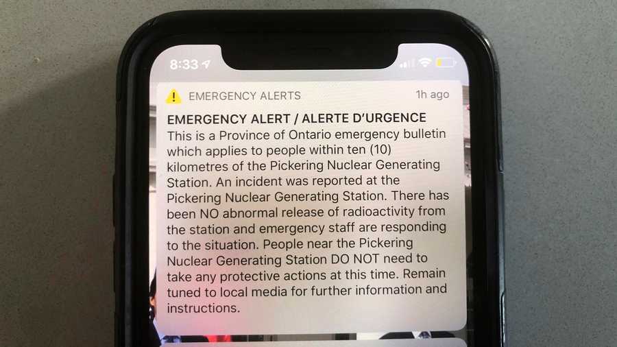 An emergency alert issued by the Canadian province of Ontario reporting an unspecified “incident” at a nuclear plant is shown on a smartphone Sunday, Jan. 12, 2020.