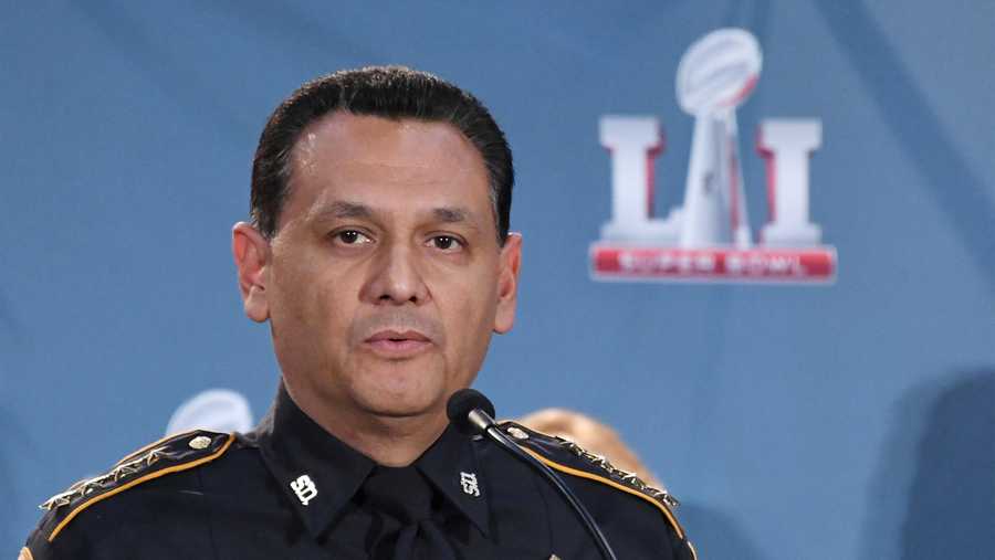 President Joe Biden will nominate Harris County, Texas, Sheriff Ed Gonzalez to serve as director of Immigration and Customs Enforcement. Gonzalez is shown at the Super Bowl LI security press conference. (Kirby Lee/USA TODAY Sports/Imagn)