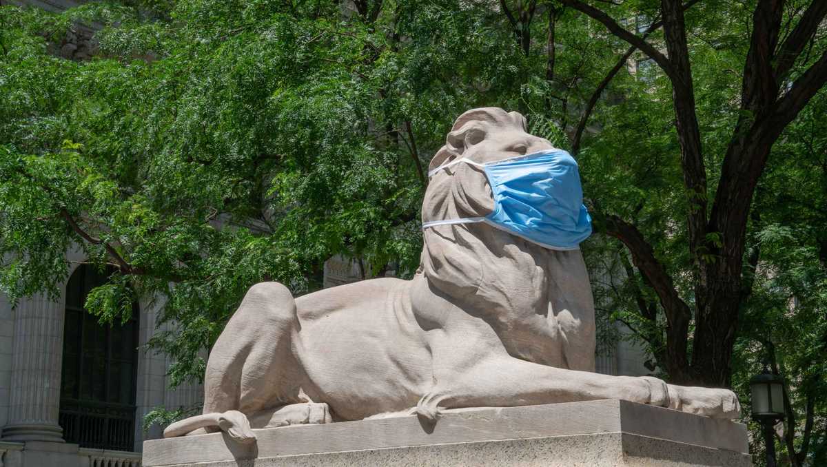 The iconic lion statues outside New York Public Library are wearing