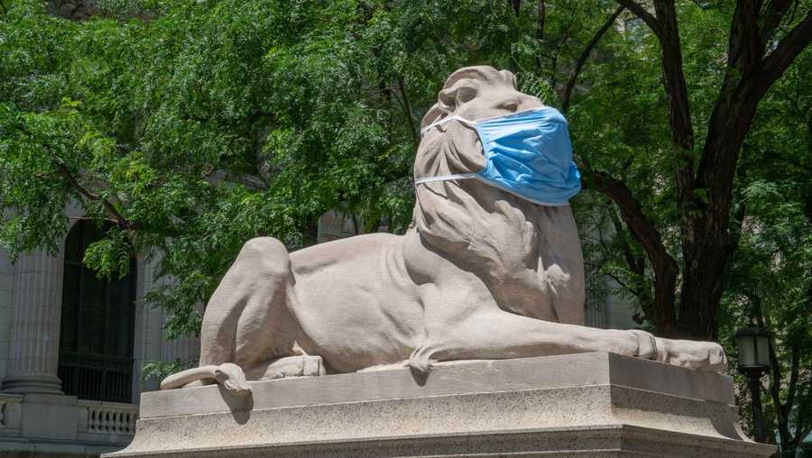 Patience and Fortitude, the twin lion sculptures that guard the New York Public Library in Bryant Park, now wear lion-sized face masks to encourage New Yorkers to keep wearing their masks, too.