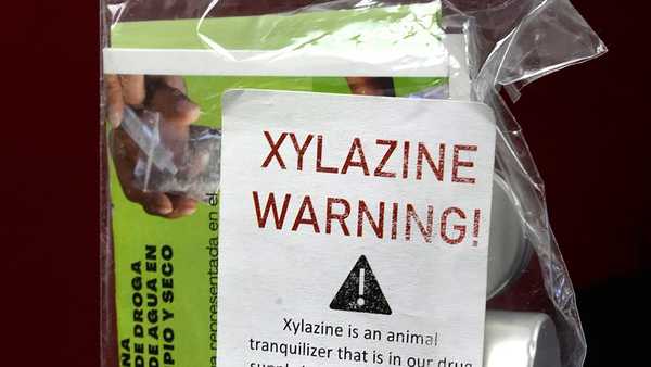 A fentanyl drug testing kit warns about the dangers of xylazine, which is not yet detectable in street testing.