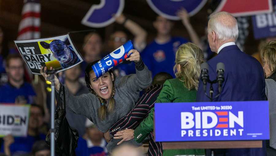 A woman charges the stage while holding a sign that reads "Let Dairy Die" as Democratic presidential candidate former Vice President Joe Biden speaks at a Super Tuesday event at Baldwin Hills Recreation Center on March 3, 2020 in Los Angeles, California.