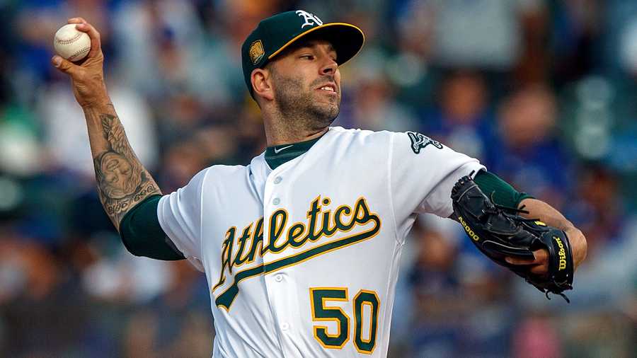 Mike Fiers #50 of the Oakland Athletics pitches against the Los Angeles Dodgers during the first inning at the Oakland Coliseum on Aug. 8, 2018 in Oakland, California.