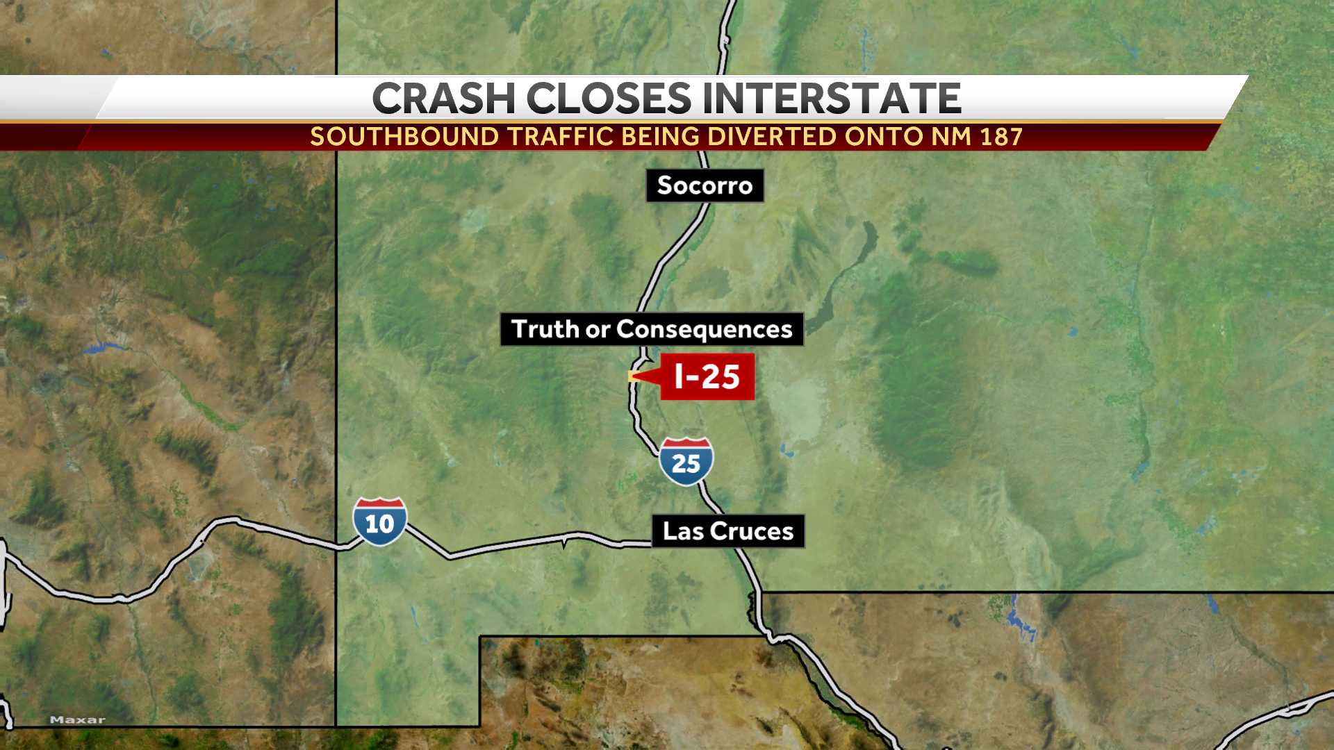 Southbound I-25 closed near T or C due to a crash
