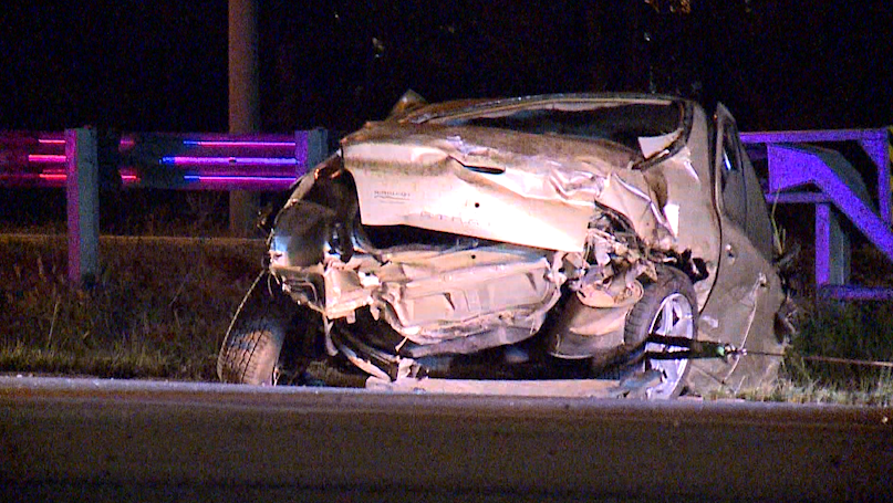 One person hurt when car crashes into concrete barrier on I-29