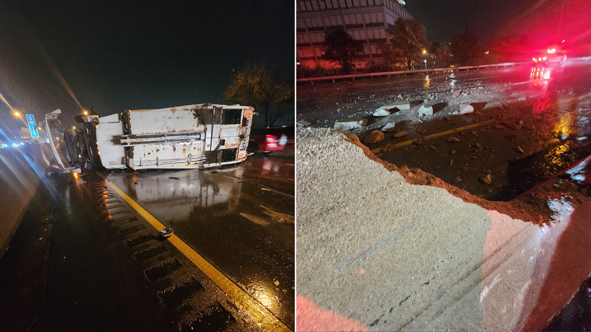 Lanes reopened after Rumpke truck hits median wall, rolls over on I-75