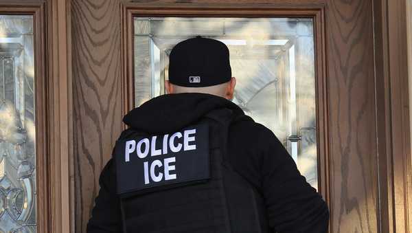 U.S. Immigration and Customs Enforcement (ICE), officers arrive to a Flatbush Gardens home in search of a person on April 11, 2018, in the Brooklyn borough of New York City.
