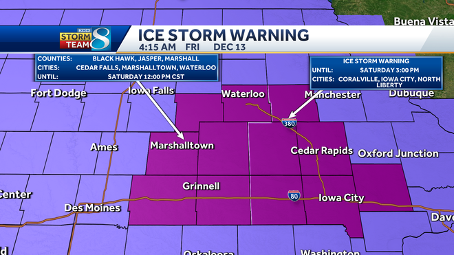 Ice Storm Warning for central Iowa until noon Saturday