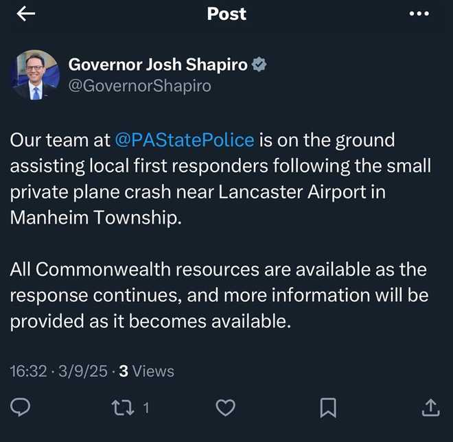 Lancaster plane crash draws attention of Governor Shapiro