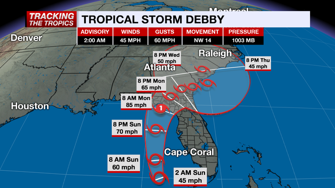 tropical storm debby strengthening in the gulf