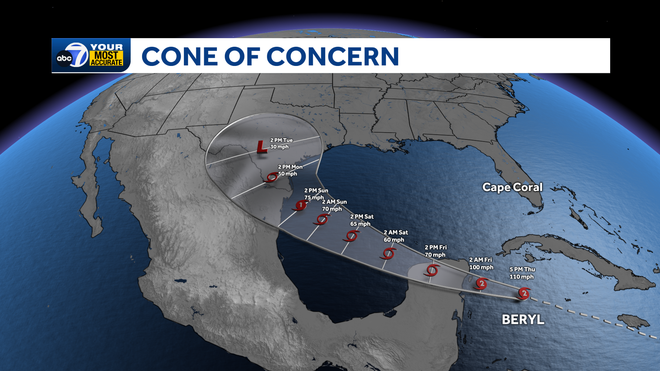 Beryl Cone of Concern 5PM Advisory 7-4-24